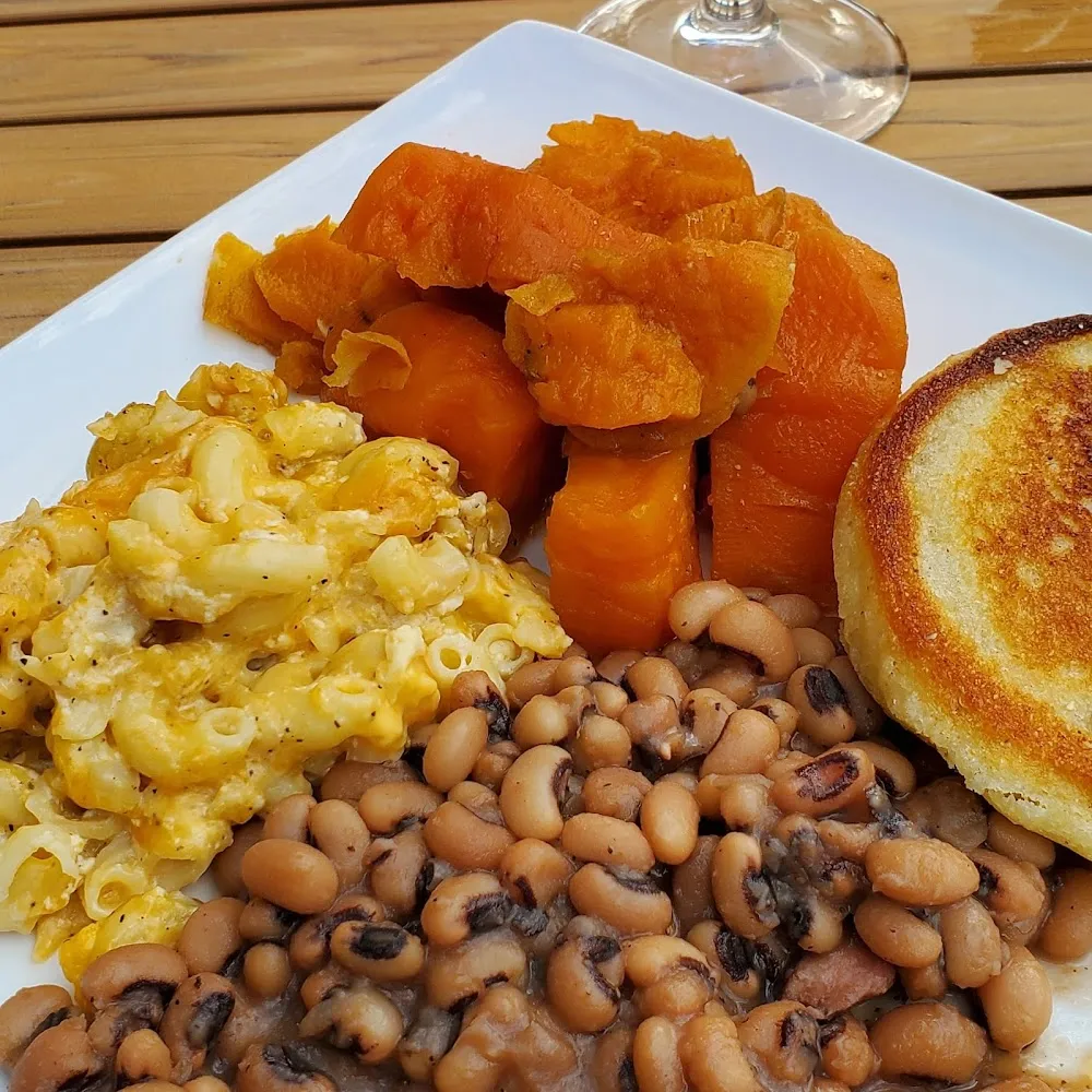 Black-Eyed Peas Sweet Potato Mac and Cheese and Hot Water Cornbread